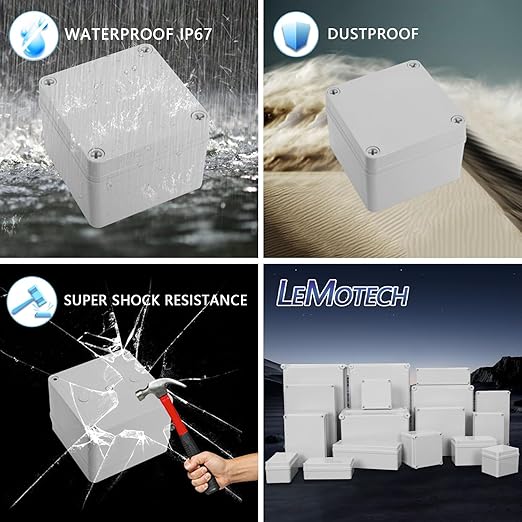 LeMotech IP67 Waterproof Junction Box ABS Plastic Project Box Dustproof Electrical Box Outdoor Enclosure for Electronics DIY Case Gray 3.9X 3.9X 3 inch (100x 100x 75 mm)