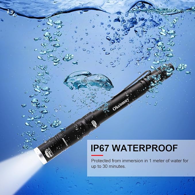 okcomuy Rechargeable LED Pen Light Flashlight,300 Lumens IP67 Waterproof with Pocket Clip 4-Zoomable| 3 Modes, Prefect Pocket Small Flashlight for Inspection,Work,Repair,Camping