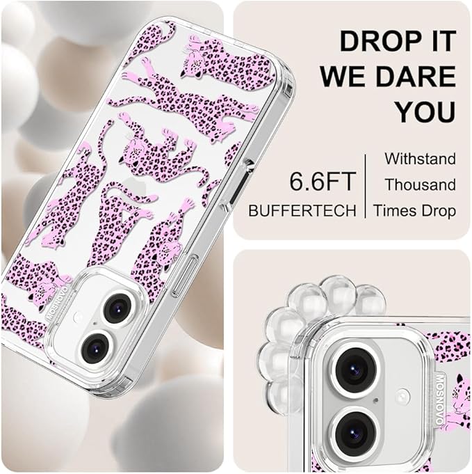 MOSNOVO Case for iPhone 16 Plus, [Buffertech 6.6ft Military-Grade Drop Protection] [Anti Peel Off Tech] Clear TPU Bumper Phone Case Cover Design - Pink Leopard