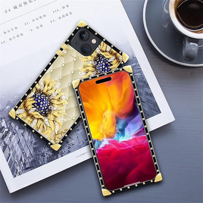 Compatible with iPhone 15 Case, Sunflower Diamonds Leather Luxury Golden Decoration for Girl Women Soft TPU Shockproof Protective Hard PC Back for iPhone 15
