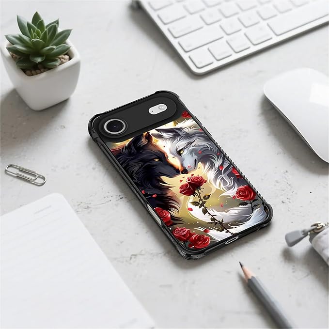 for iPhone 17 Air Case,for MagSafe Graphic Design for Girl Boy Soft Silicone Hard Acrylic Shock Protection Designed for iPhone 17 Air Black White Wolf Moon Flower Rose Pattern