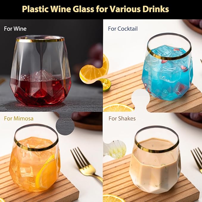 Lueumxc 40 Pack Plastic Wine Glasses, 12Oz Diamond Disposable Wine Glasses Unbreakable Clear Plastic Cocktail Glasses Recyclable Shatterproof Reusable Wine Cups
