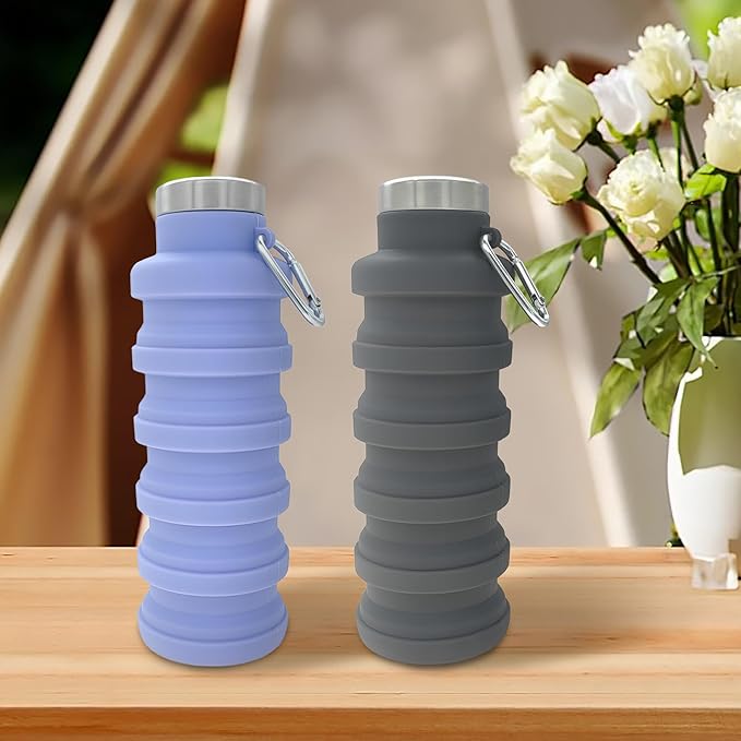 YCT Collapsible Water Bottle 17oz（500ml），Travel Portable Sport Water Bottle，Reusable Silicone Foldable Water Bottles for Gym Camping Hiking (Black+Blue)