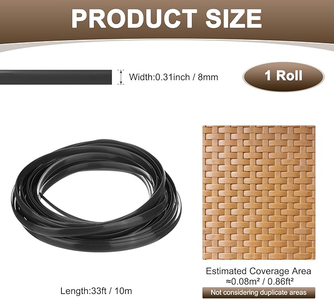M METERXITY 1-Pack Wicker Repair Kit, 8mm x 33ft/10m Plastic Flat Rattan Replacement Supplies for Patio Furniture Repair/Basket Making/Chair Weaving, Synthetic Woven Rattan [Black]