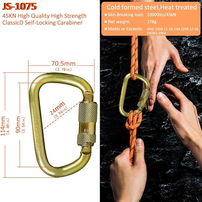 DEKABR Carabiner Heavy Duty, 45KN Twist Lock Steel Auto Locking Climbing Carabiner for Rock and Tree Climbing, Camping, Rappelling, Rescue and Mountaineering – ANAB Certified, Large, Gold