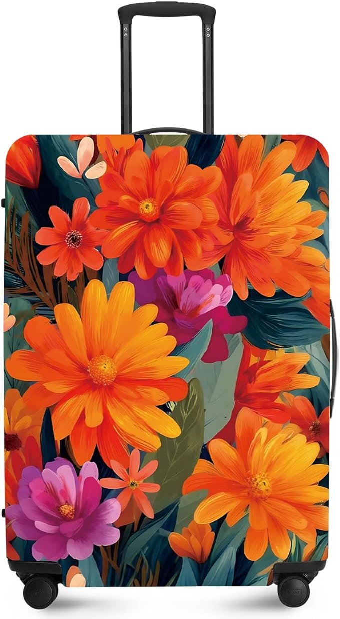 ANNA QUEEN Boho Floral Luggage Cover,Spring Orange Flower Pattern Suitcase Protector,Stretchable,Washable & Water Resistant, Universal Fit for 32-34 Inch Checked Baggage