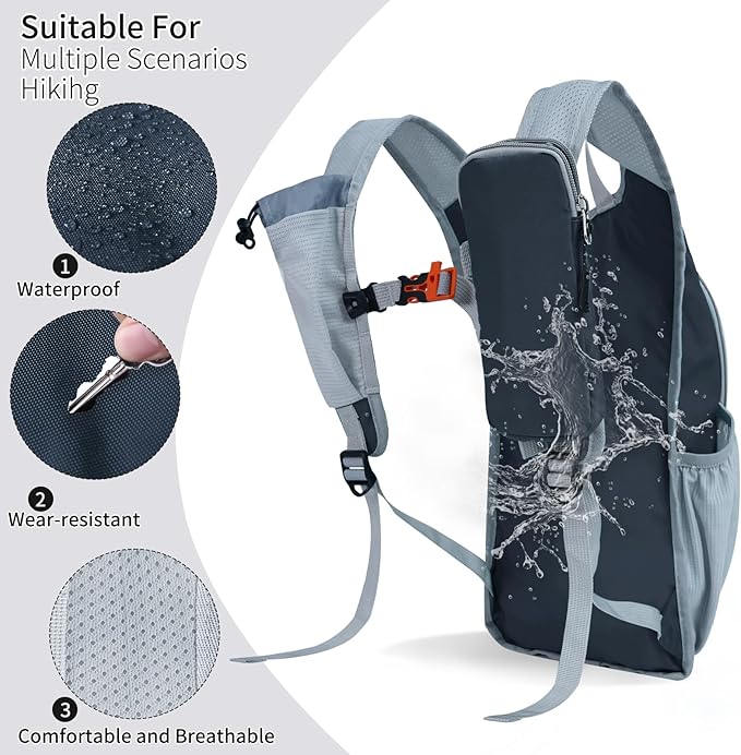Hiking Backpack 10L/15L Small Daypack Lightweight Packable Travel Foldable Water Resistan for Women Men (Gray, 10L)