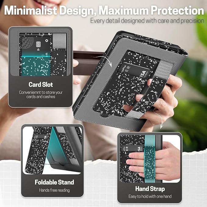 TNP Stand Case for Kindle Paperwhite 12th Generation 2024 / Kindle Colorsoft Signature Edition with Hand Strap - 7" PU Leather Protective Folio Cover with Auto Wake/Sleep, Composition Book Black