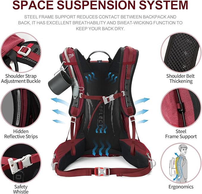 IX INOXTO Hiking Backpack, 26L/40L Waterproof Hiking Daypack with 3L Water Bladder and Rain Cover, Lightweight Travel Camping Backpack for Men Women (Red)