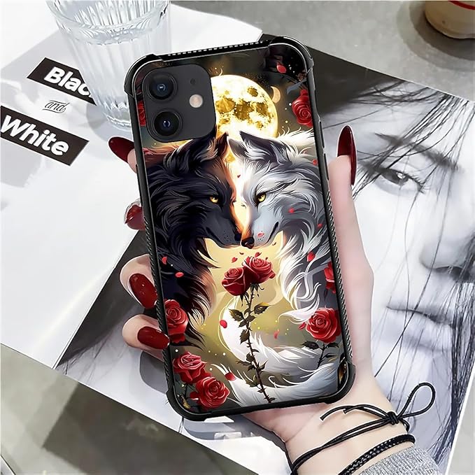 for iPhone 11 Case, Black White Wolf Moon Flower Rose Pattern Graphic Design Girl Boy Soft Silicone Hard Acrylic Shock Protection for iPhone 11