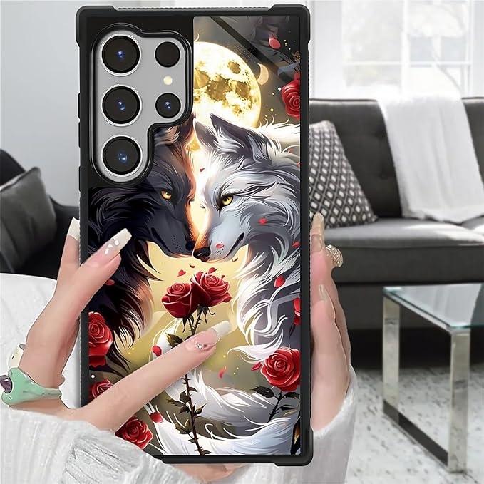 for Samsung Galaxy S26 Ultra Case,Graphic Design for Girl Boy Soft Silicone Hard Acrylic Shock Protection Designed for Samsung Galaxy S26 Ultra Black White Wolf Moon Flower Rose Pattern