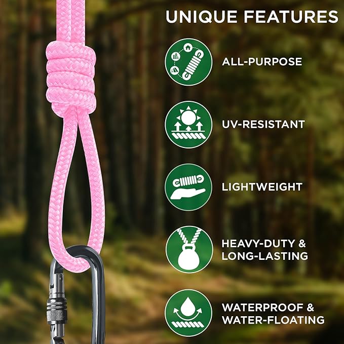 TECEUM Rope – 150 Feet x 1/4 Inch (7mm) – Pink – Strong All-Purpose Utility Rope – Camping, Crafting, Flag Pole, Indoor & Outdoor – Polypropylene Nylon Poly Lightweight Diamond Braided Cord