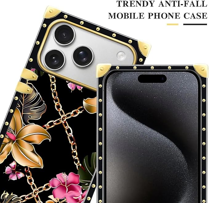 for iPhone 17 Pro Max Case Luxury Golden Decoration for Girl Women Soft TPU Shockproof Protective Hard PC Back for iPhone 17 Pro Max Crazy Pattern Pink Golden Chain Tropical Flower