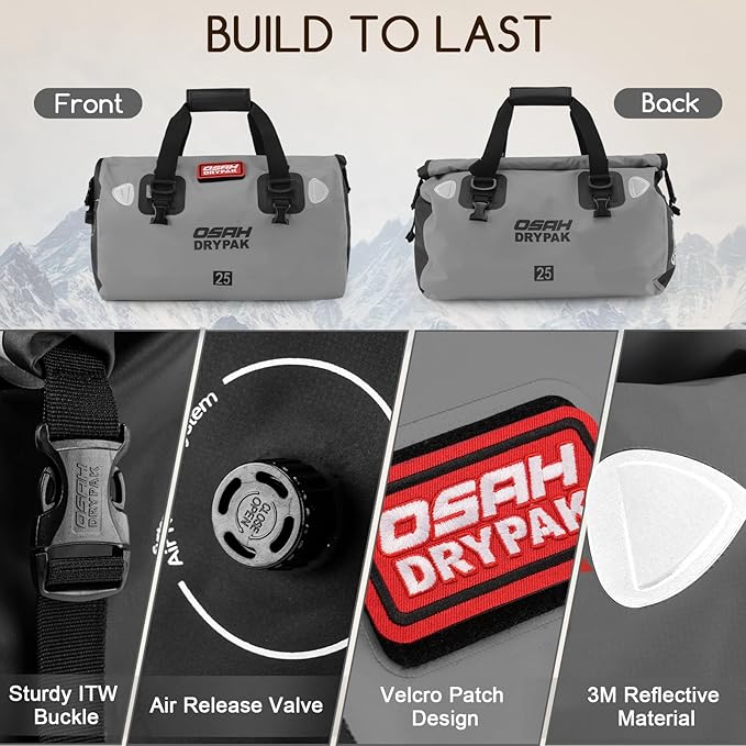 OSAH DRYPAK Waterproof Duffel Bag - Motorcycle Dry Bag Tail Bag with Large Storage Space, Waterproof Luggage Duffle Bags with Outer Mesh Zipper Pocket for Camping, Kayaking, Fishing & Traveling