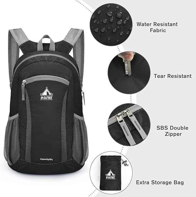 G4Free 16L Hiking Daypack, Lightweight Packable Small Backpack for Travel Camping Outdoor Men Women