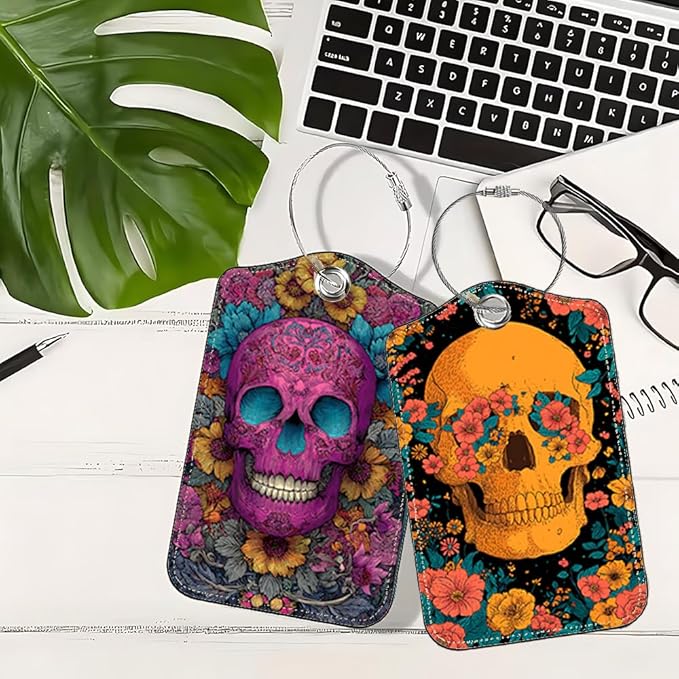 Cinco de Mayo Floral Skull Luggage Tags 2 Pcs, Mexican Fiesta Bag Tags for Luggage, Vibrant Travel Suitcase Name ID Identifiers, 2.83x4.53 Inch