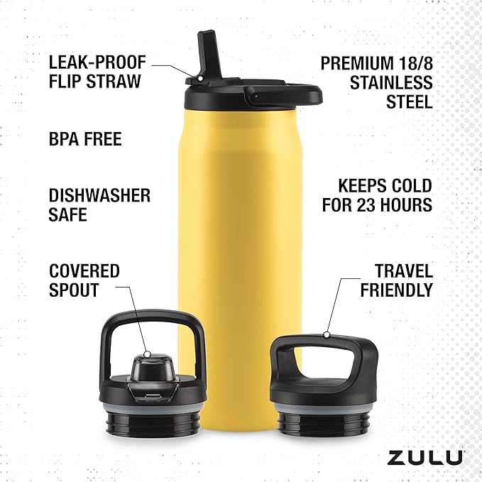 ZULU Base 32oz Stainless Steel Water Bottle with 3 Lids- Straw, Chug, Twist | Double Walled and Vacuum Insulated Metal Thermos | For Gym, Outdoor | Built in Carry Loop, Dishwasher Safe, Vitamin C