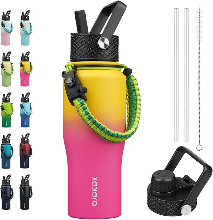 BJPKPK Insulated Water Bottles with Straw Lid, 23oz Metal Water Bottle with 2 lids & Paracord Strap, Double Wall Stainless Steel Vacuum Tumblers, Cups,Thermo for Hot& Cold Drinks, Pink & Yellow Rose