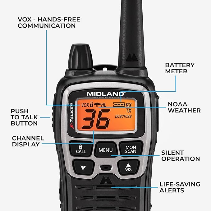 Midland® T71VP3 X-TALKER Long Range Walkie Talkie - FRS Two-Way Radio for Camping Overlanding Rock Crawling - NOAA Weather Scan - 36 Channels and 121 Privacy Codes Black/Silver 2 Pack