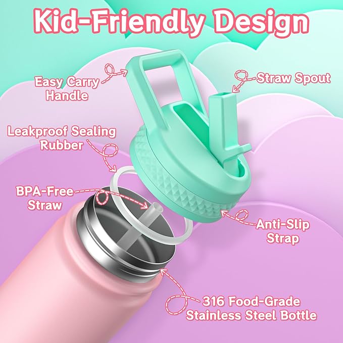 baab 18oz Kids Water Bottle, Insulated Water Bottle with Straw & Stickers, 18/8 Stainless Steel Vacuum Leakproof Kids Water Straw Cup for School, Perfect for Boy Girl (Pink+Purple, 2 Pack)