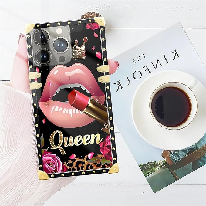 Compatible with iPhone 14 Pro Max Case, Glitter Red Rose Queen Leopard Lipstick Luxury Golden Decoration for Girl Women Soft TPU Shockproof Protective Hard PC Back