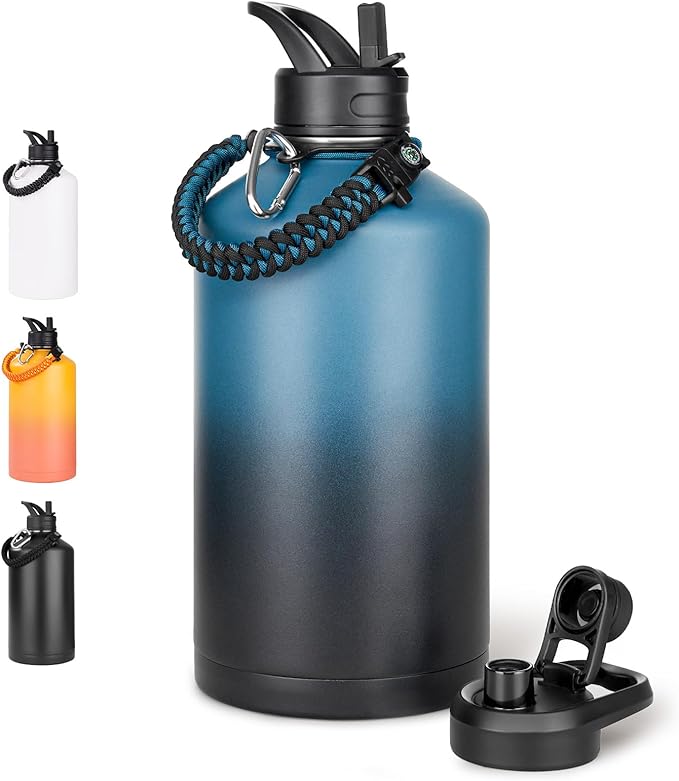 Fijinhom Gallon Water Bottle with 2 Lids (Straw & Spout), 304 Stainless Steel Water Jug with Handle and Wide Mouth, 1 Gallon Vacuum Double Walled Jug for Sports, Outdoors, Blue&Black 128 oz