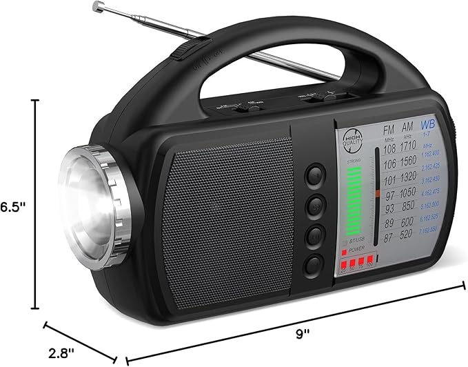 AM FM NOAA Weather Radio,Portable Emergency Radio with Flashlight, Bluetooth 5.0, USB, AUX in Powered by Built-in Rechargeable Battery or 4 AA Battery for Home Indoor Black