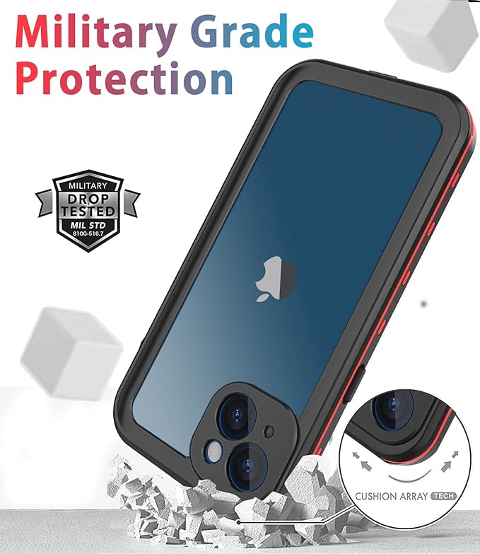 for iPhone 13 Case Waterproof Shockproof Dustproof Full-Body Sturdy with Camera Lens Protector and Built-in Screen Protector,Underwater Full Sealed Cover Protective for iPhone 13 (Red)