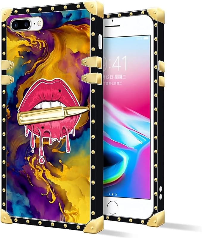 Compatible with iPhone 8 Plus 7 Plus Case, Cool Corlorful Lip Marble Luxury Golden Decoration for Girl Women Soft TPU Shockproof Protective Hard PC Back for iPhone 8 Plus 7 Plus