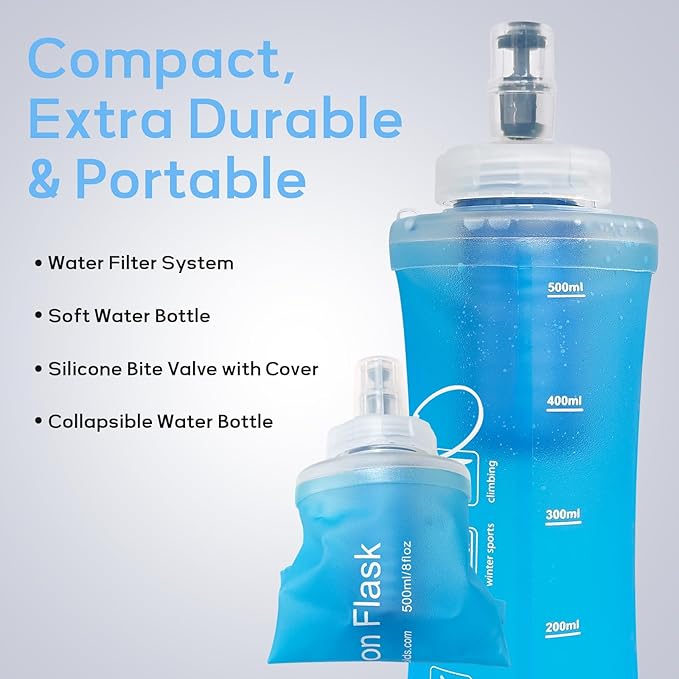 500ml Soft Flask Water Bottle, Collapsible Water Bottle with Filter, Perfect for Hiking, Backpacking, and Camping - Blue
