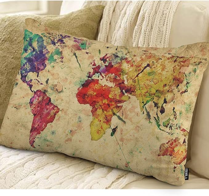 EKOBLA Watercolor World Map Lumbar Pillow Cases Vintage Global Stain Graphic Decorative Throw Pillow Cover Rectangle Cushion Covers Cotton Linen 12x20 Inch for Men Women