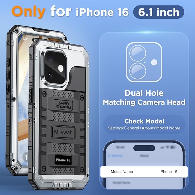Mitywah Waterproof Case for iPhone 16, Shockproof Heavy Duty Case with Built-in Screen Protector, Underwater Full Body Protective Metal Case 6.1 inch, Silver