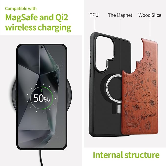Carveit Magnetic Wooden Case for Samsung Galaxy S26 Ultra Case 2026, TPU Shockproof Cover & Wood Artisan Engraved, Compatible with MagSafe Wireless Chargers (World Map) Rosy