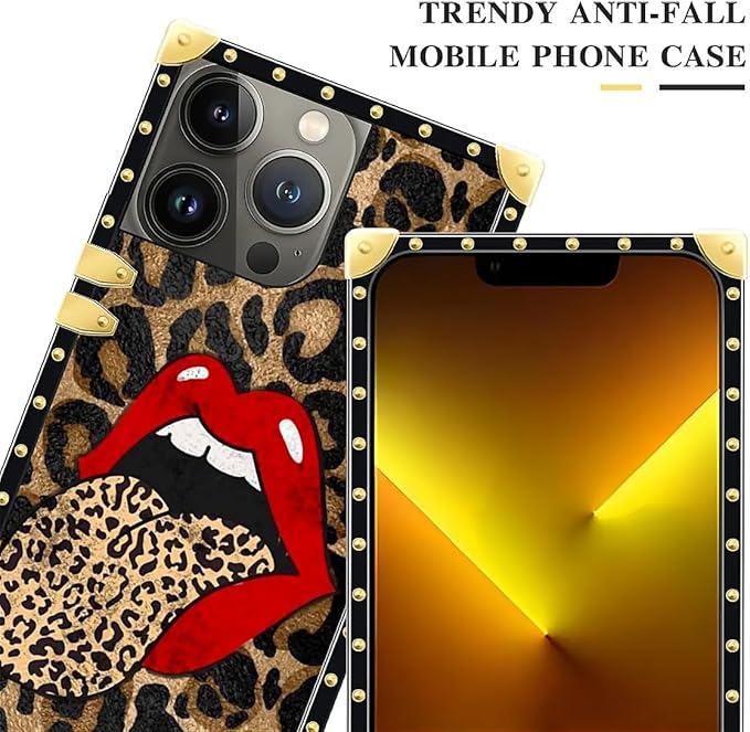 Compatible with iPhone 13 Pro Max Case, Brown Leopard Print Mouth Luxury Golden Decoration for Girl Women Soft TPU Shockproof Protective Hard PC Back for iPhone 13 Pro Max