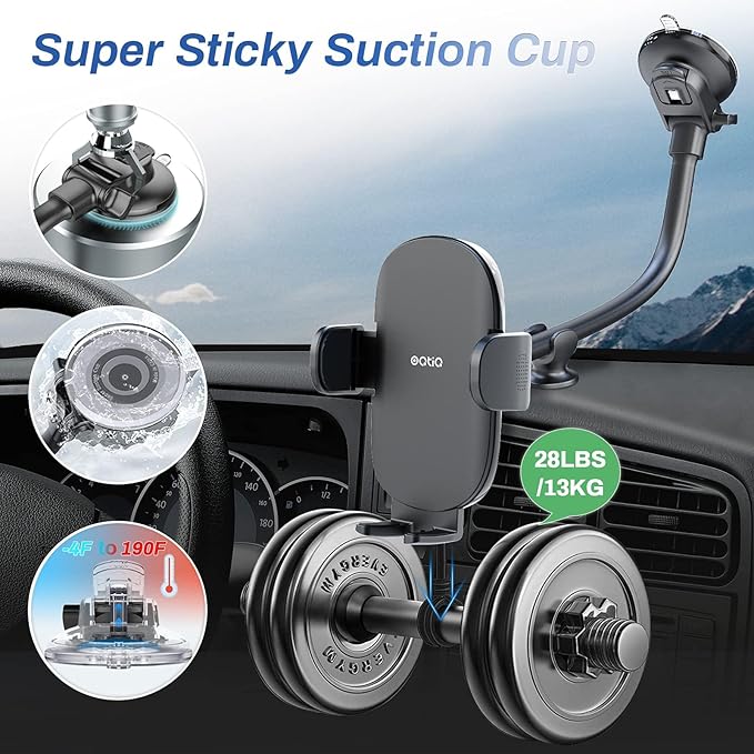 OQTIQ 13" Gooseneck Car Phone Mount – Windshield & Dashboard Holder with Strong Suction Cup, Anti-Shake Stabilizer, One-Button Release – Compatible with iPhone 17/16/15/14 and All Smartphones