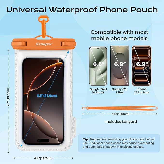 Rynapac IPX8 Waterproof Phone Pouch - 8.5in, 2 Pack Waterproof Phone Case for iPhone 17 16 15 Pro Max, Galaxy S26 S25 Ultra, Cellphone Dry Bag with Lanyard for Beach Vacation Travel Cruise Essentials