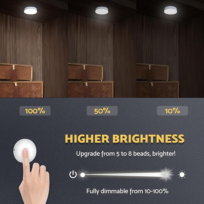 DAZZY DOT Rechargeable Puck Lights 2 Pack, Dimmable Touch Light Stick on for Closet, Magnetic Tap Light 1000mAh Battery Powered, Portable Led Light Cool White for Locker, Cabinet, Bedside, Kitchen