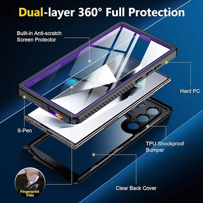 SPIDERCASE Upgraded for Samsung Galaxy S24 Ultra Case Waterproof,Built-in Screen & Camera Lens Protector[IP68 Underwater] [Military Grade Shockproof] Full Body Protection Phone Case,Purple/Clear