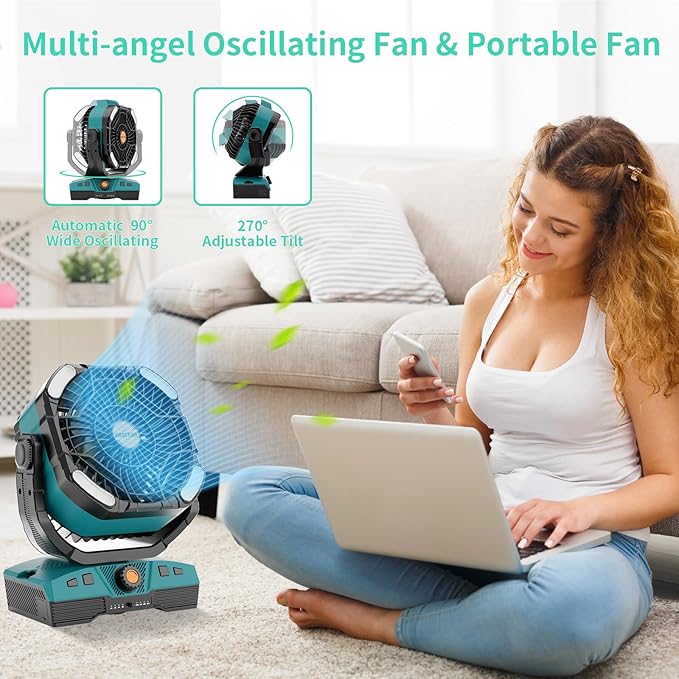 WESTTREE Camping Fan Portable 20000mAh Oscillating Battery Powered Fan Rechargeable Camping essentials Tent Light Hook 270° Pivot Battery Operated USB Desk X68 Cyan