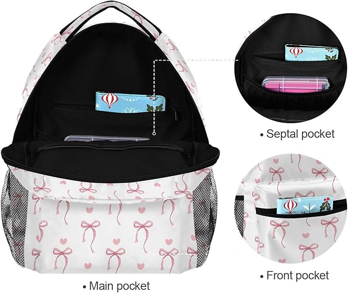 Wamika Pink Bow Girls Backpack Cute Heart Bowknot Ribbon School Backpacks Kids Preschool Book Bag