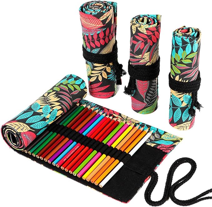Funny live 24/36/48/72 Slots Colored Pencil Wrap Roll up Pen Holder Case Drawing Coloring Pencil Roll Organizer Stationery Case for Student Artist Traveler (Fallen leaves, 36 Slots)