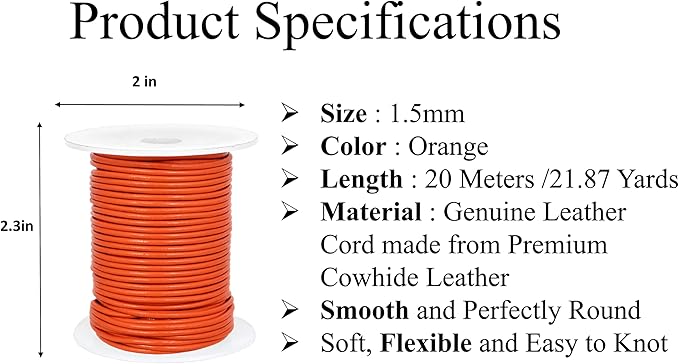 GENIQUE Real/Genuine Round Leather String Cord for Necklace, Bracelets, Jewellery, Braiding (Orange, 1.5mm)