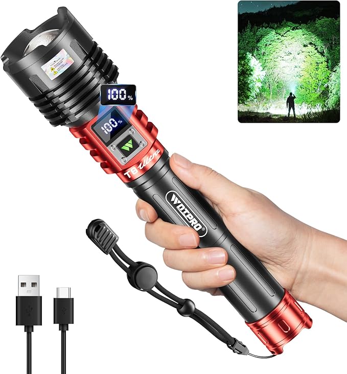 WdtPro Rechargeable LED Flashlights High Lumens, Super Bright 90000LM Rechargeable Flashlight with LCD Display, 5 Modes & Waterproof Powerful 10000mAh 30H Flashlight for Camping Emergency Red