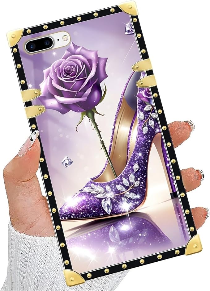 Compatible with iPhone 8 Plus 7 Plus Case, High Heeled Purple Diamond Rose Luxury Golden Decoration for Girl Women Soft TPU Shockproof Protective Hard PC Back for iPhone 8 Plus 7 Plus