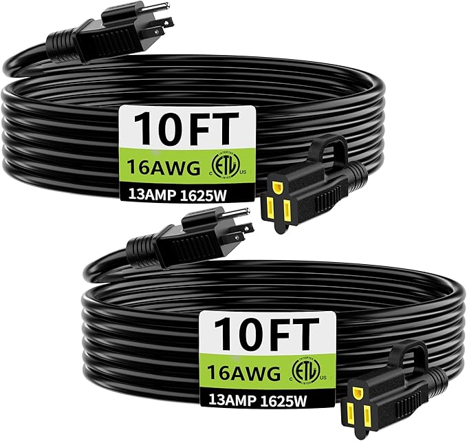 HUANCHAIN 10 FT 2 Pack Outdoor Extension Cord Waterproof, 16/3 Gauge 3 Prong Black Extension Cord Outside, 13A 1625W 16AWG SJTW, Flexible Cold-Resistant Appliance Electric Cable, ETL