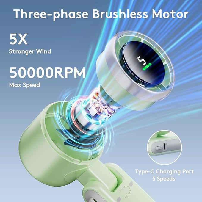 Portable Handheld Mini Fan, Foldable Powerful Winds Turbo Fan, 10000mAh Battery & 50000RPM Speed, USB Rechargeable Personal Fans with 5 Speed, Digital Display For Women Men Travel Camping Outdoor