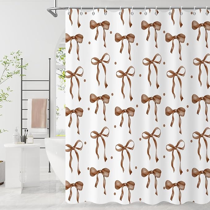 Brown Bow Shower Curtain, Brown and White Modern Aesthetic Bowknot with Polka Dot Cute Girly Bathroom Curtain Waterproof Fabric Machine Washable with Hooks, 36" Wx72 L