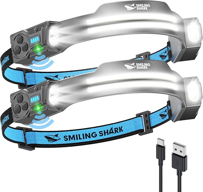 Smiling Shark TS-2 Headlamp, Dual Spotlight with Floodlight & Strobe LED Head Torch Rechargeable 2400mAh Long-Lasting Hands-Free Design for Camping Hiking Running Jogging (2 Pack)