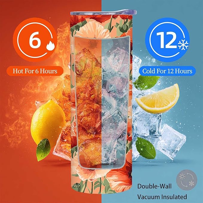 Firmiso 20 oz Tumbler | Skinny Insulated Travel Mug with Leak-proof Lid and Telescopic Straw | Poppy Floral Stainless Steel Coffee Cup for Hot & Cold Drinks | Christmas Gifts for Women and Men