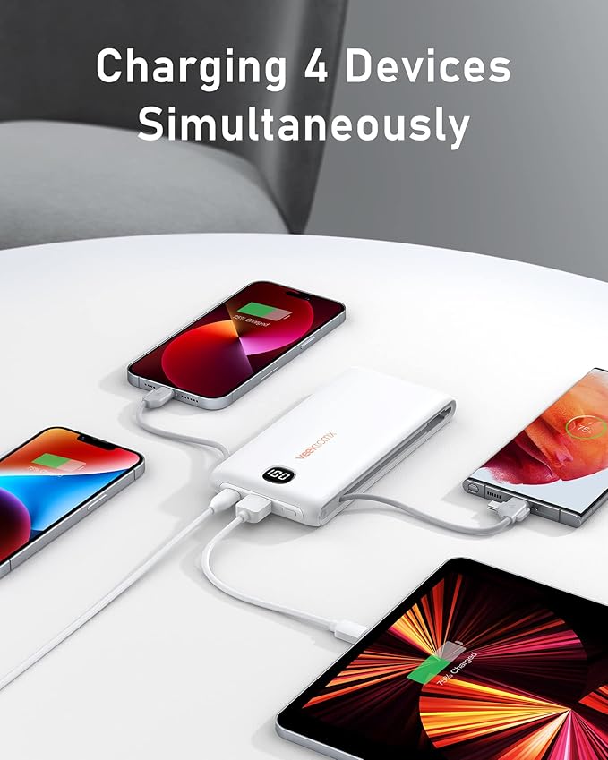 VEEKTOMX Portable Charger with Built in Cables 10000mAh, Power Bank for iPhone with AC Wall Plug, Fast Charging USB C Slim Battery Pack with LED Display Compatible with iPhone 17/16/15/14, Samsung